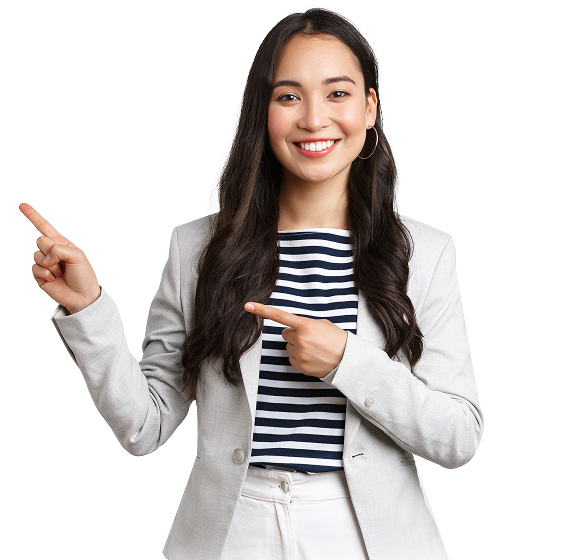 business finance employment female successful entrepreneurs concept confident professional female asian real estate broker showing good deal pointing upper right corner smiling 1