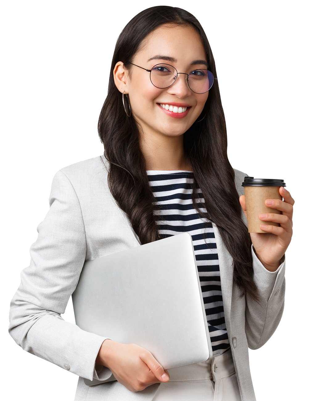 business finance employment female successful entrepreneurs concept professional confident asian real estate broker drinking coffee carry laptop her way client