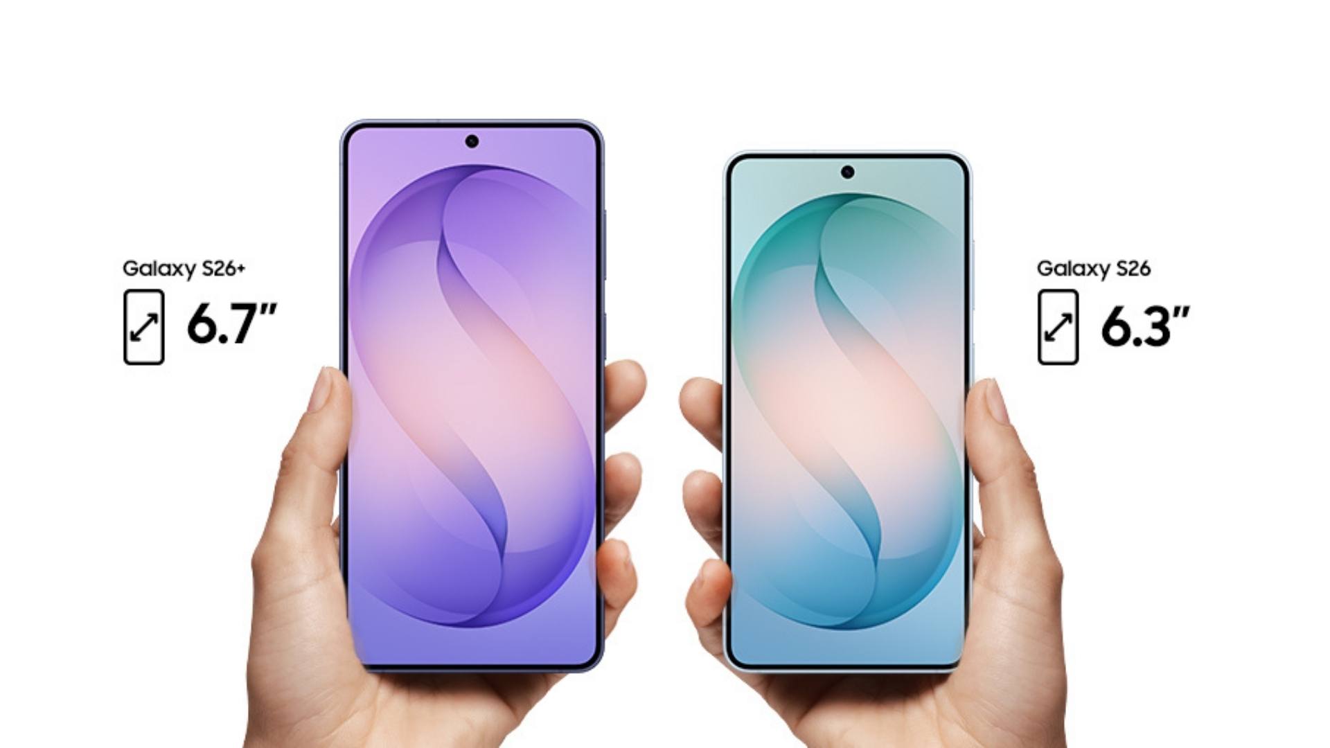 Galaxy S26 với kích thước 6.3 inch, còn Galaxy S26 Plus với kích thước 6.7 inch. Độ phân giải 1080 x 2340 pixels,