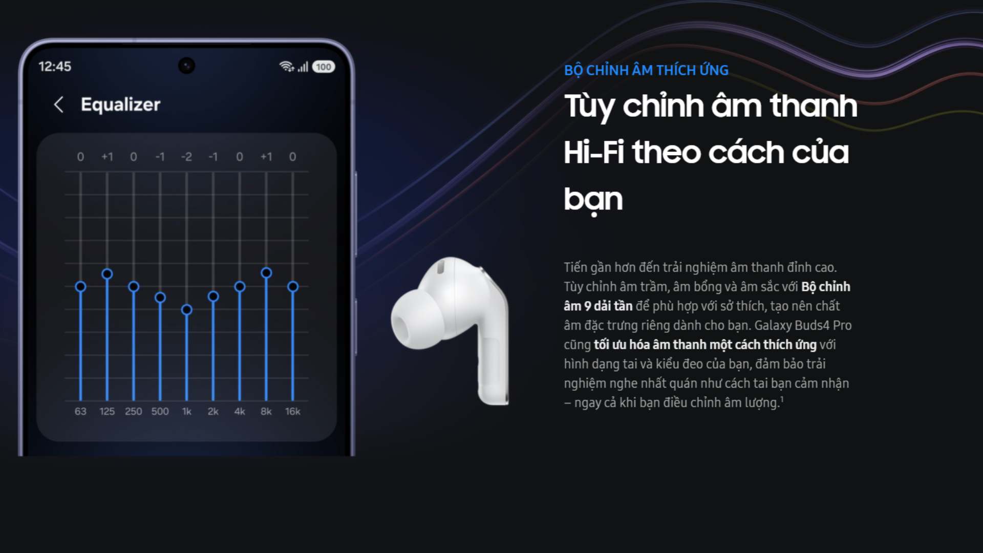 Tai nghe Galaxy Buds4 và Buds4 Pro màu mới, tính năng mới - FPT Smart home Tai nghe Galaxy Buds4 và Buds4 Pro có tính năng Bộ chỉnh âm 9 dải tần (Equalizer)