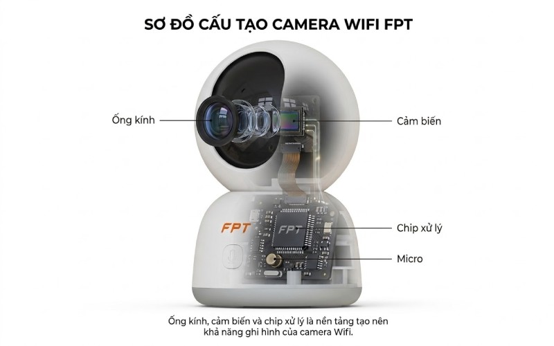 Giải mã Camera Wifi hoạt động như thế nào? - FPT Smart home Cấu tạo camera wifi gồm lens cảm biến và chip xử lý